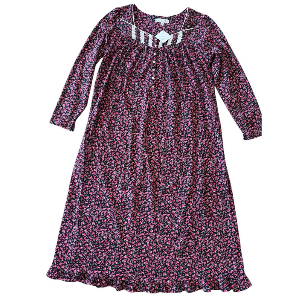 Eileen West Cotton Floral Nightgown Long Sleeve‎ Lace Trim Pink Black Medium NWT